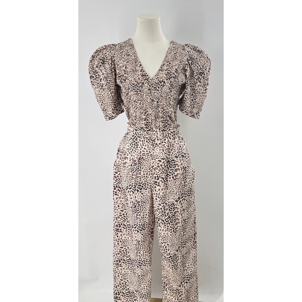 Sea New York Calla Smocked Pantsuit Puff Sleeve Animal Print Tie Back Jumpsuit 6